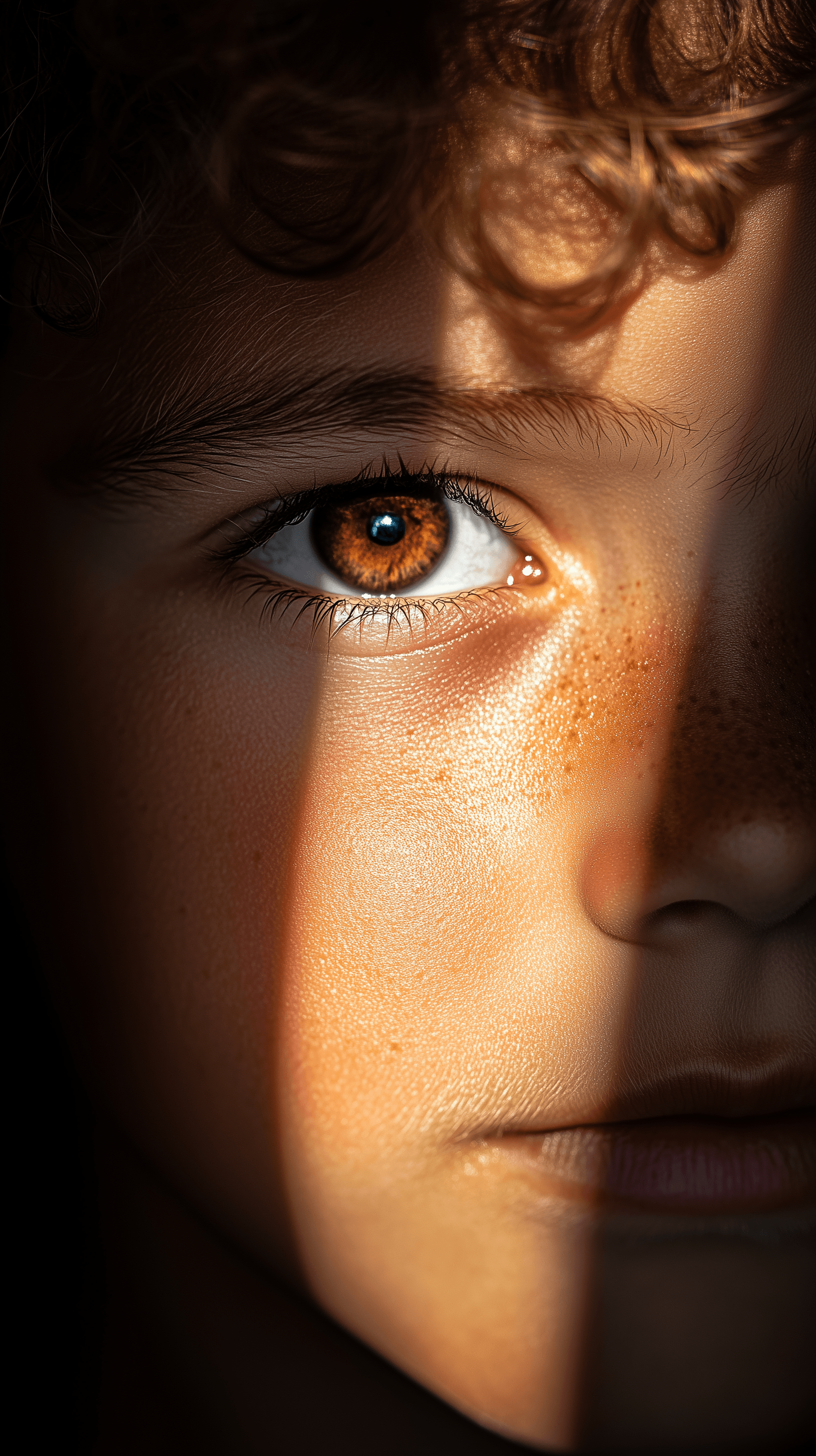 AI generated: photography, front shot, 8 years old boy model, gaze, capturing a model's bright light brown eyes, l...