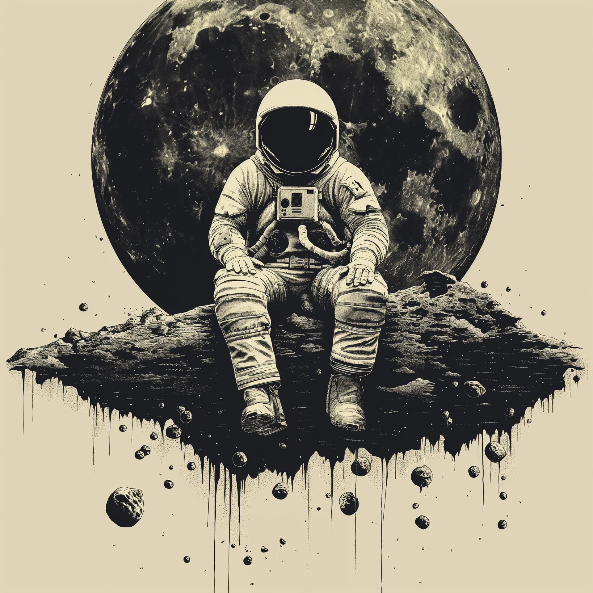 AI generated: Illustration of an astronaut sitting in outer space, moon behind him, sci-fi, dark palette monochrom...