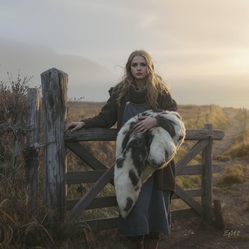 AI generated: young woman in farm clothes standing at old wooden gate separating field from coastal path, one hand...