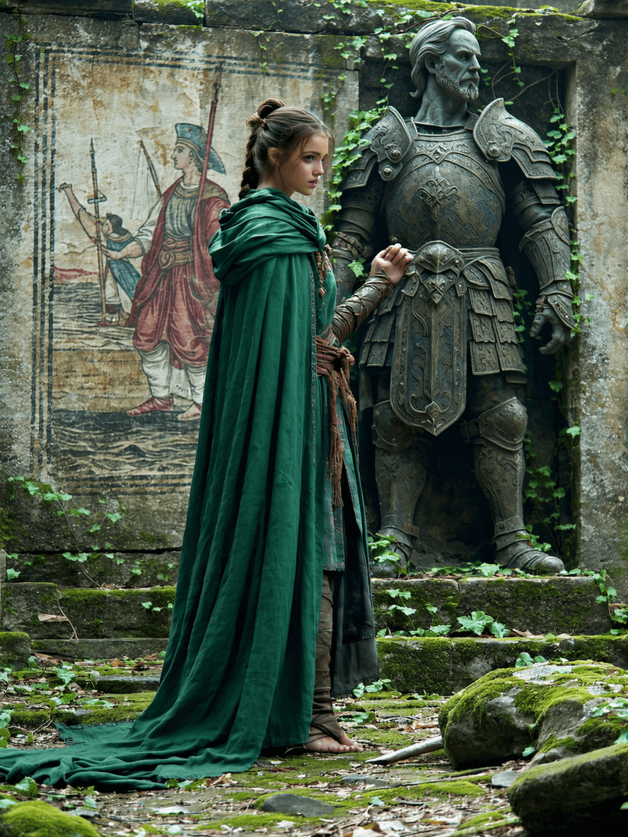 AI generated: In ancient times a 30 year old female warrior, hair tied back loosely, wearing her green cloak over ...