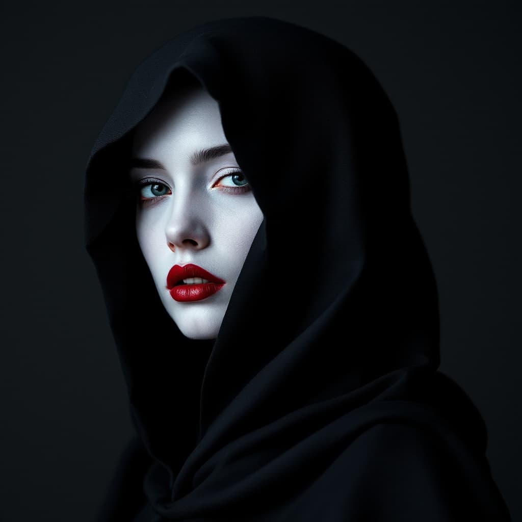 AI generated: A mysterious woman with white porcelain-like makeup, red lipstick, and a black hooded cloak. The bac...