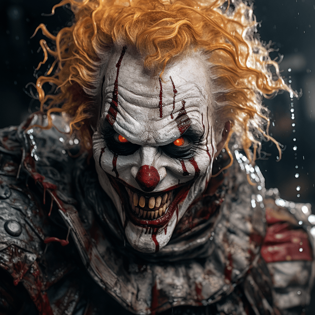 AI generated: hyper detailed masterpiece photography of a clown with a hellishly evil soul, (insane, stunning, dra...