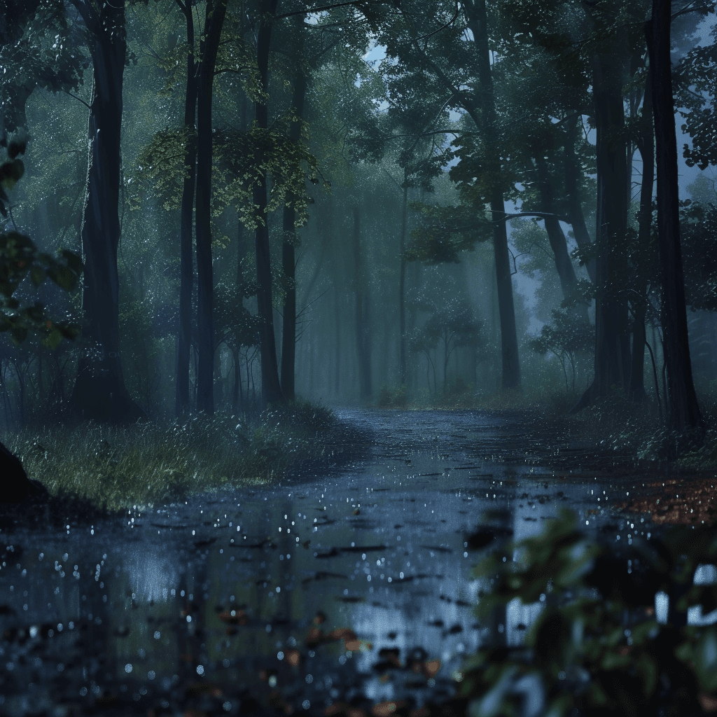 AI generated: vivid and enchanting, rainy night, forest, serene, tall trees shrouded in darkness, brilliant colors...