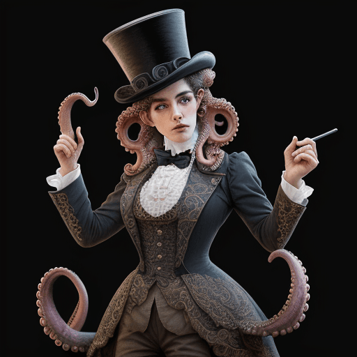 AI generated: An octopus in a victorian outfit with top hat and pistols in his tentacles hdr,(intricate details, h...