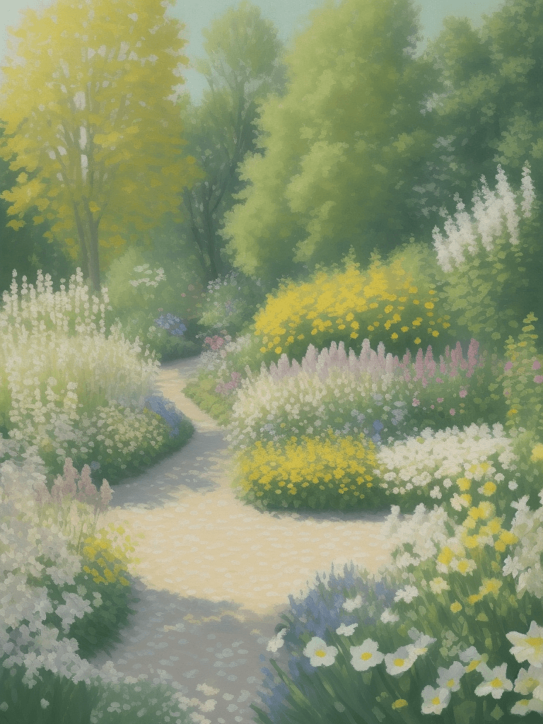 AI generated: impressionist painting of a serene cottagecore yellow and white garden