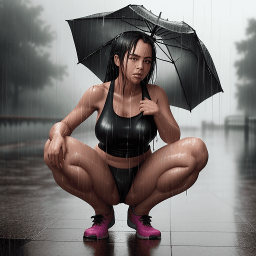 AI generated: Create a full-body photograph of a woman crouching low in the rain. She is wearing a wet tank top an...
