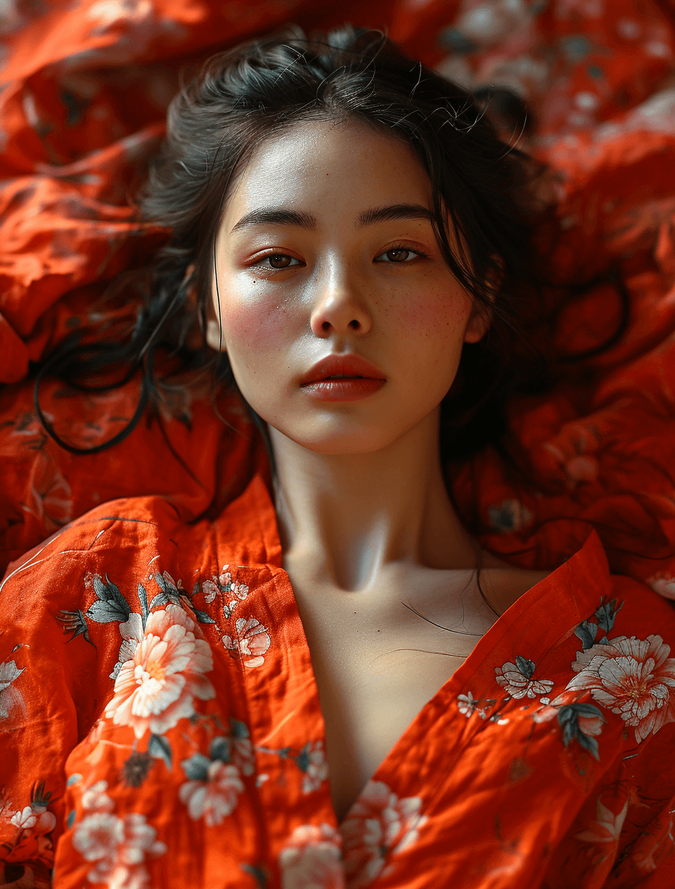 AI generated: asian woman laying on a bed in red on t shirt, in the style of karol bak, uniformly staged images, s...