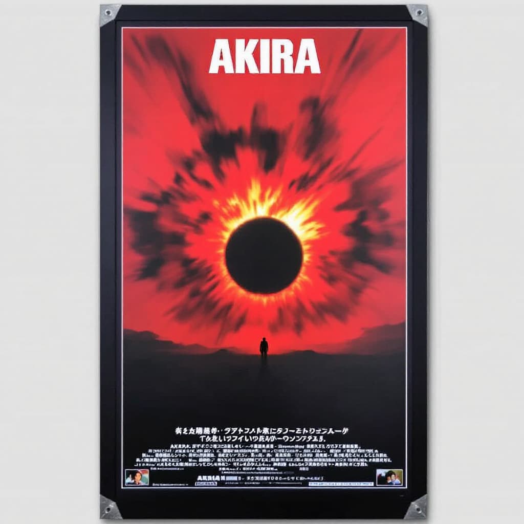 AI generated: The image features a poster for the film "Akira." Dominating the center of the poster is a large, fi...