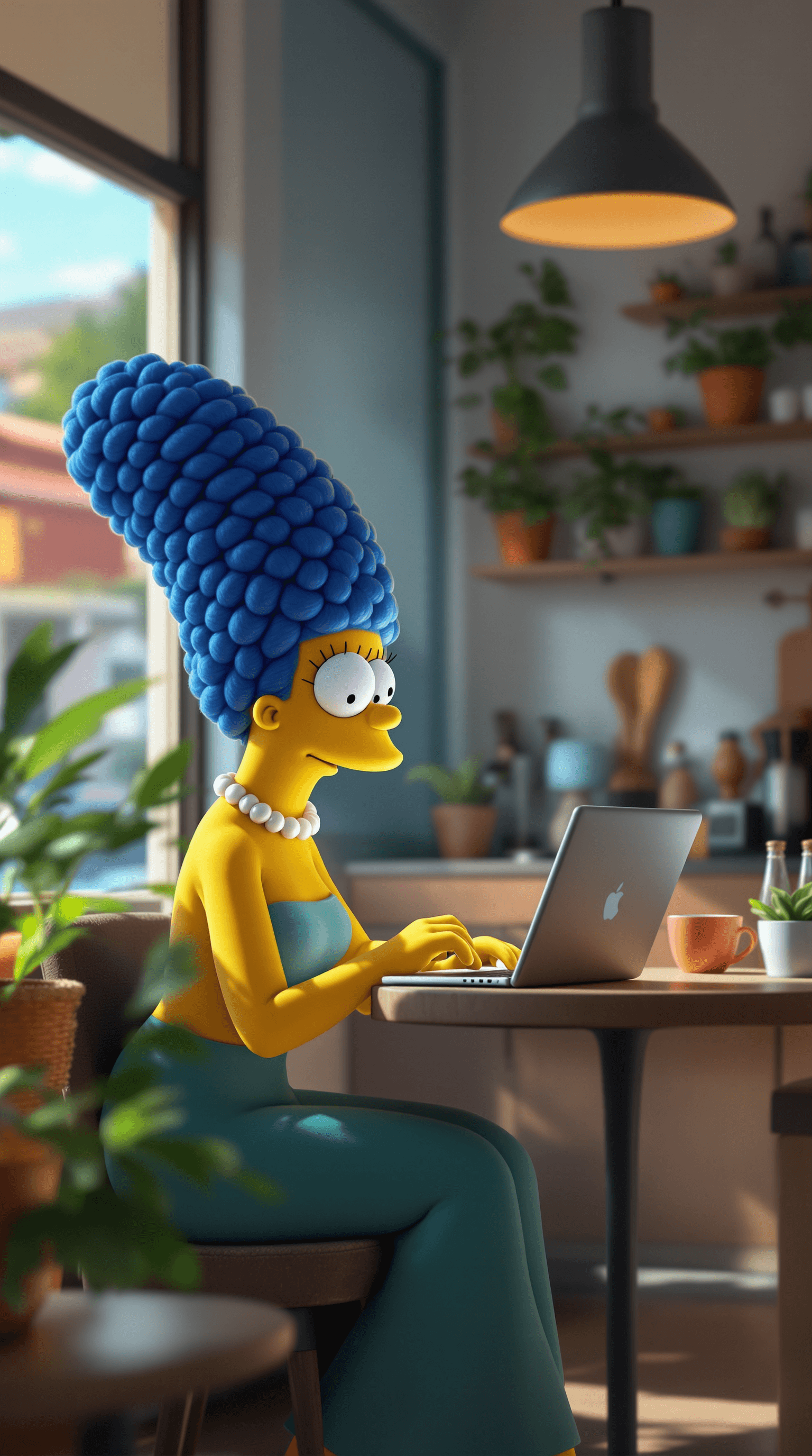 AI generated: 3D Marge Simpson concentrated working with a laptop in a small minimalist coffee shop, morning light...