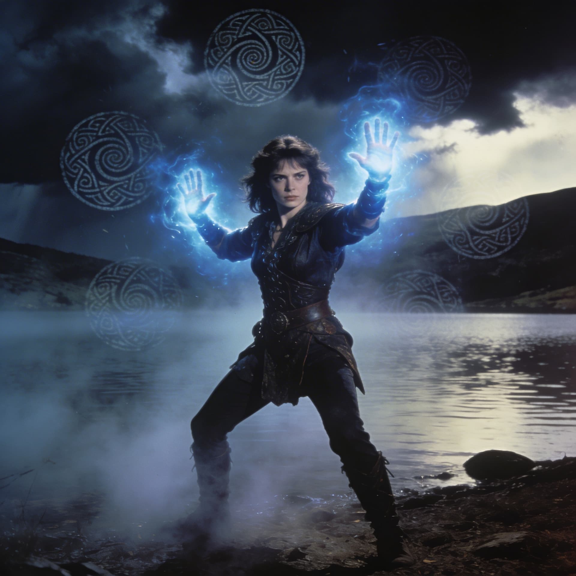 AI generated: 1980s movie style Claire standing at misty lake shore, hands raised with glowing blue energy, ancien...