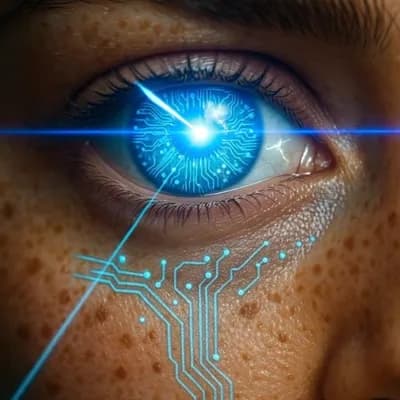 AI generated video: Her eye fills the frame. The crystalline iris flickers with stormlight and glowing circuitry pattern...
