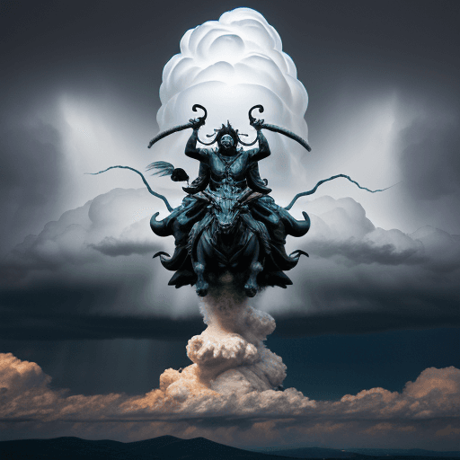 AI generated: Raijin, the Japanese god of thunder, riding on a thundercloud