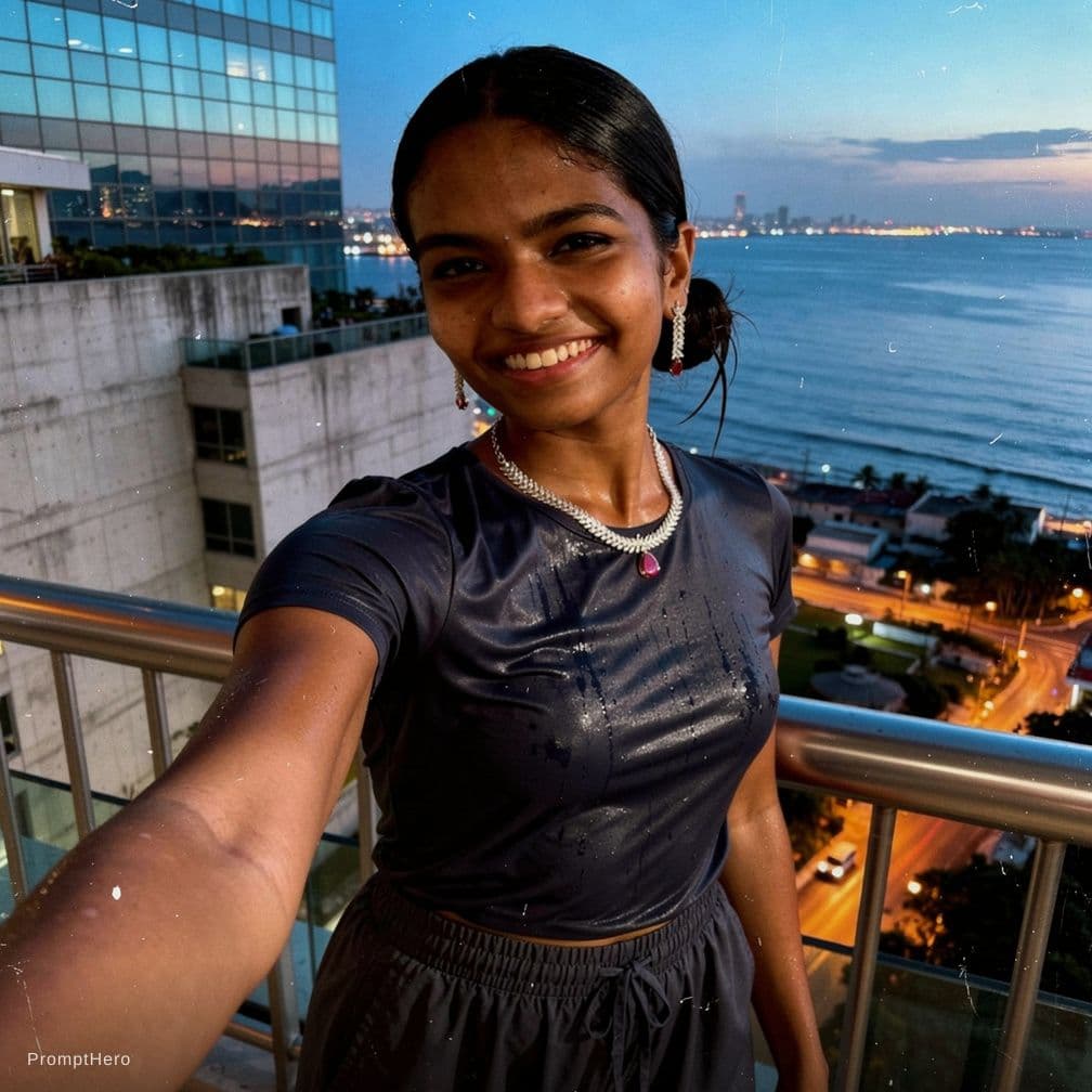 AI generated: A documentary style photograph of a young female on a high balcony just after swimming. Her long dar...
