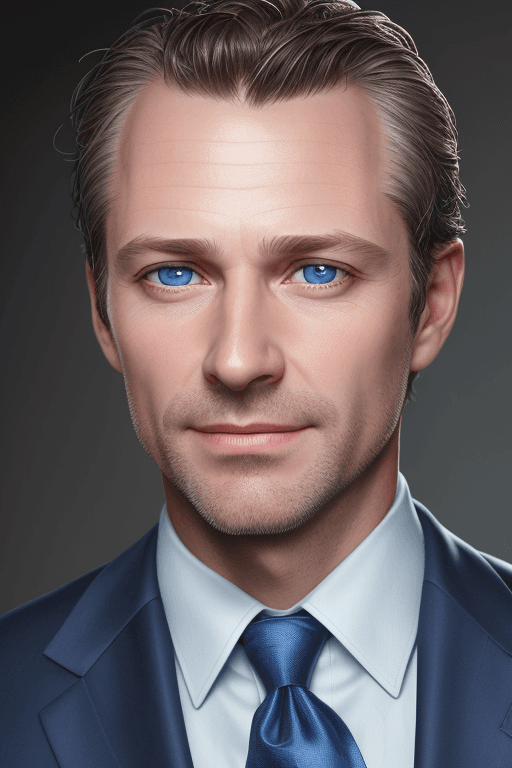 AI generated: close up portrait, photorealistic, detailed face, 42 years old, male, wearing blue suit, with dark b...