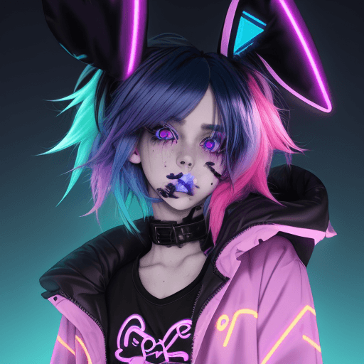 AI generated: anime, femboy, neon blue hair, voluminous hair, vivid neon purple eyes, neon blue eyelashes, kawaii,...