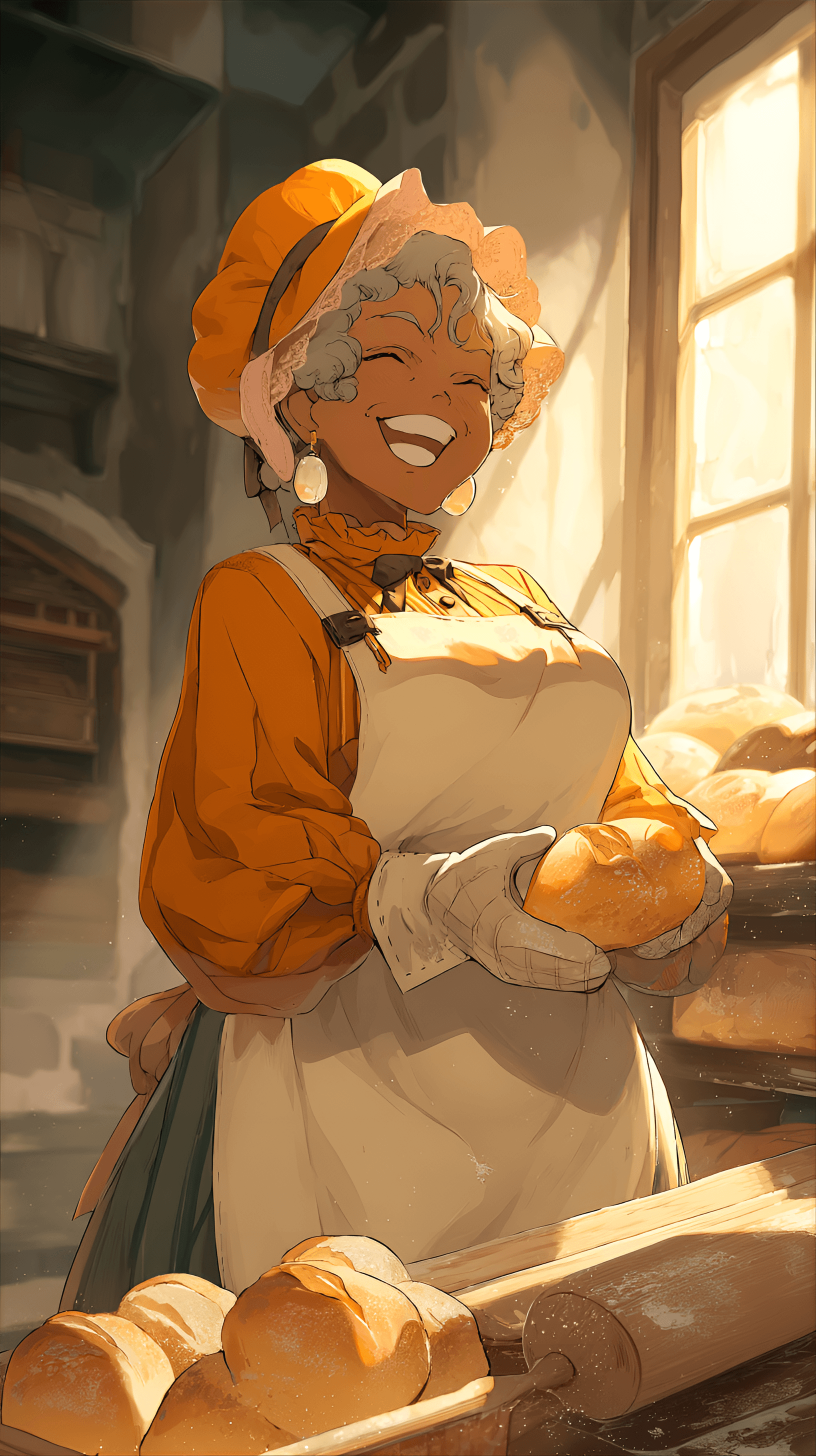AI generated: anime, neighborhood baker character, elderly, african, female, full body view, with a warm and invit...