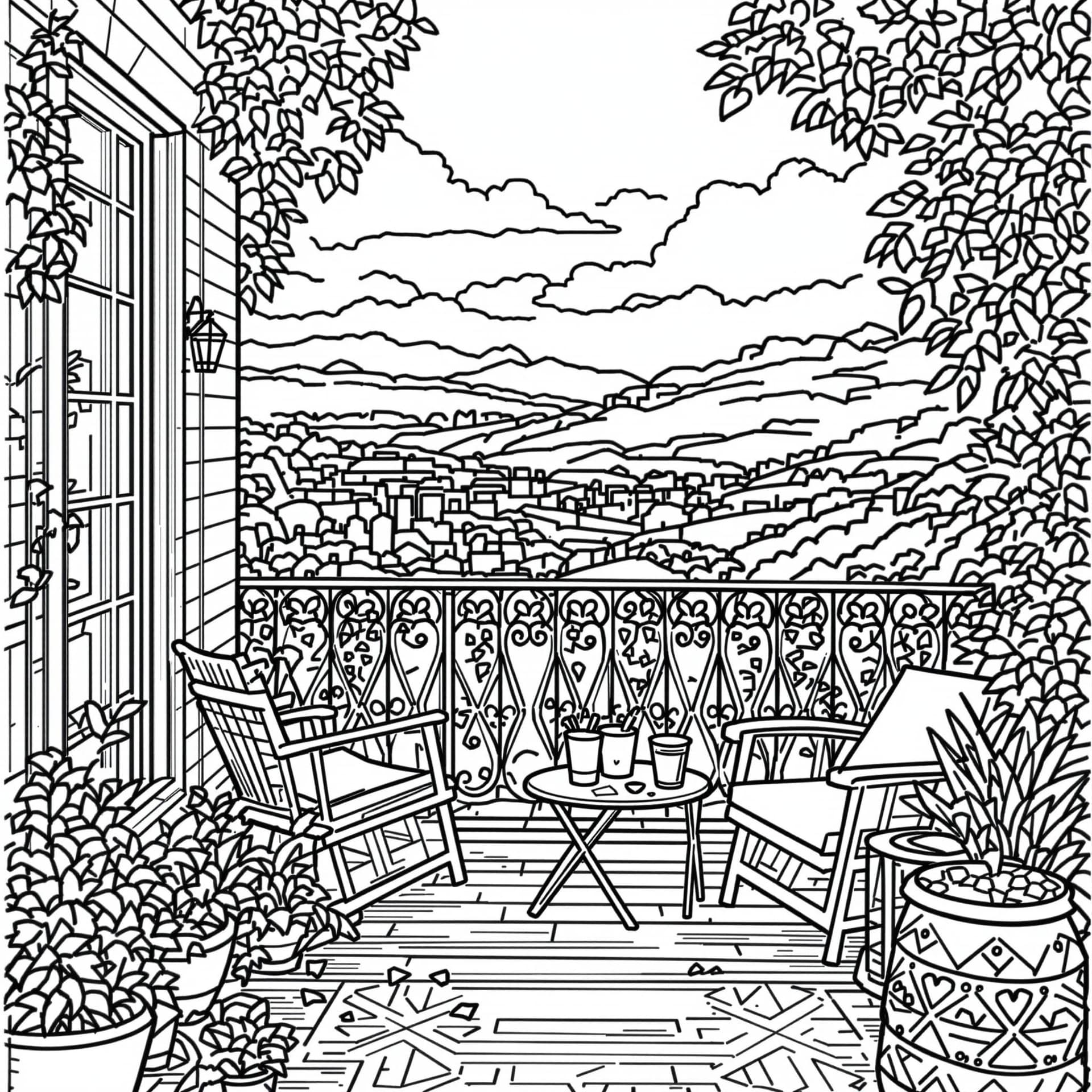 AI generated: High-resolution black-and-white line drawing of a balcony: Include detailed elements such as a view ...
