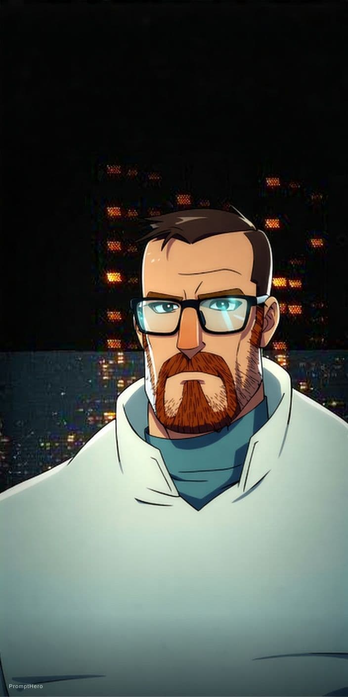 AI generated: High quality portrait of Gordon Freeman from HL2. Art by Makoto Shinkai, Crunchyroll, pixiv, danboor...