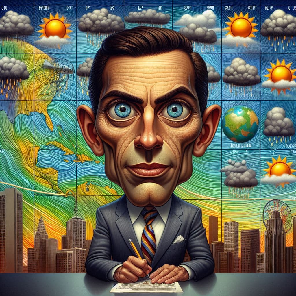 AI generated: A weather forecast in a television newsroom, caricature, sharp, detailed eyes. Background is weather...