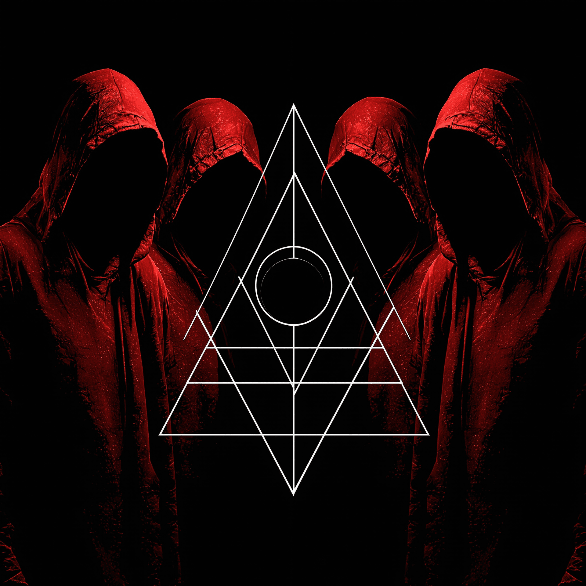 AI generated: Four figures, shrouded in crimson hooded cloaks, arranged symmetrically around a central graphic des...