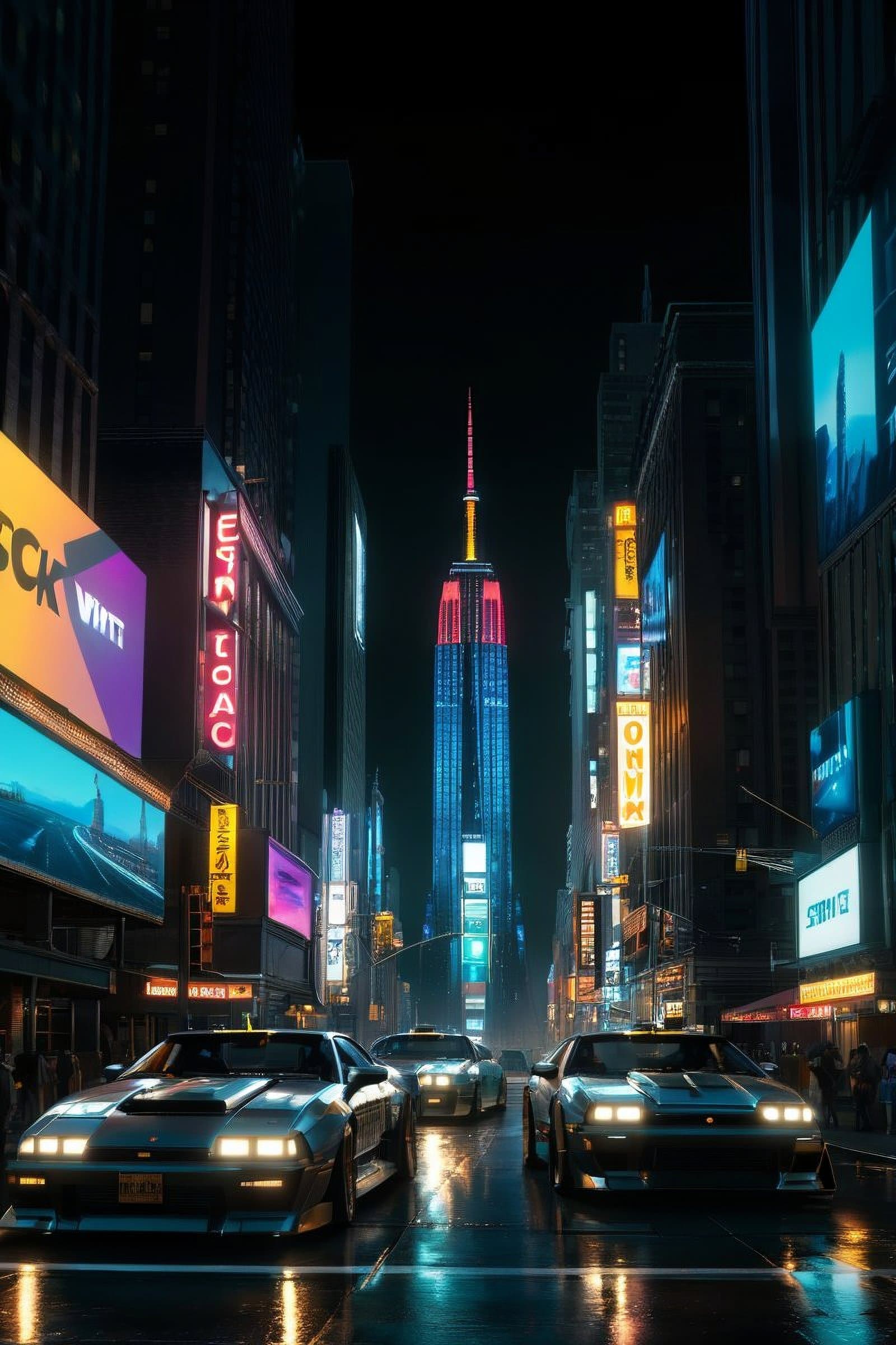 AI generated: futuristic nighttime cyberpunk New York City skyline landscape vista photography by Carr Clifton & G...