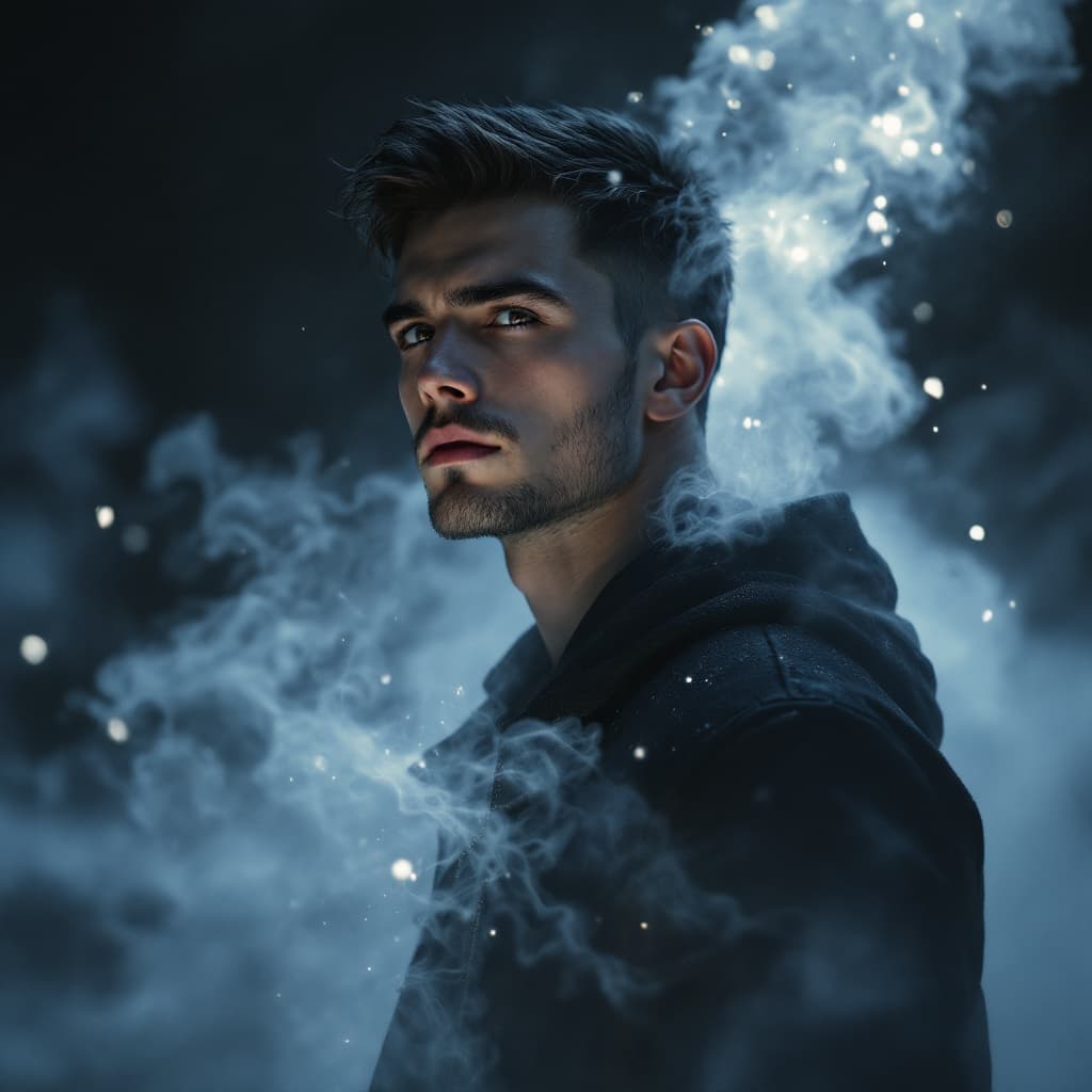 AI generated: A young man with sharp facial features, short dark hair, muscular body and deep, expressive eyes sta...
