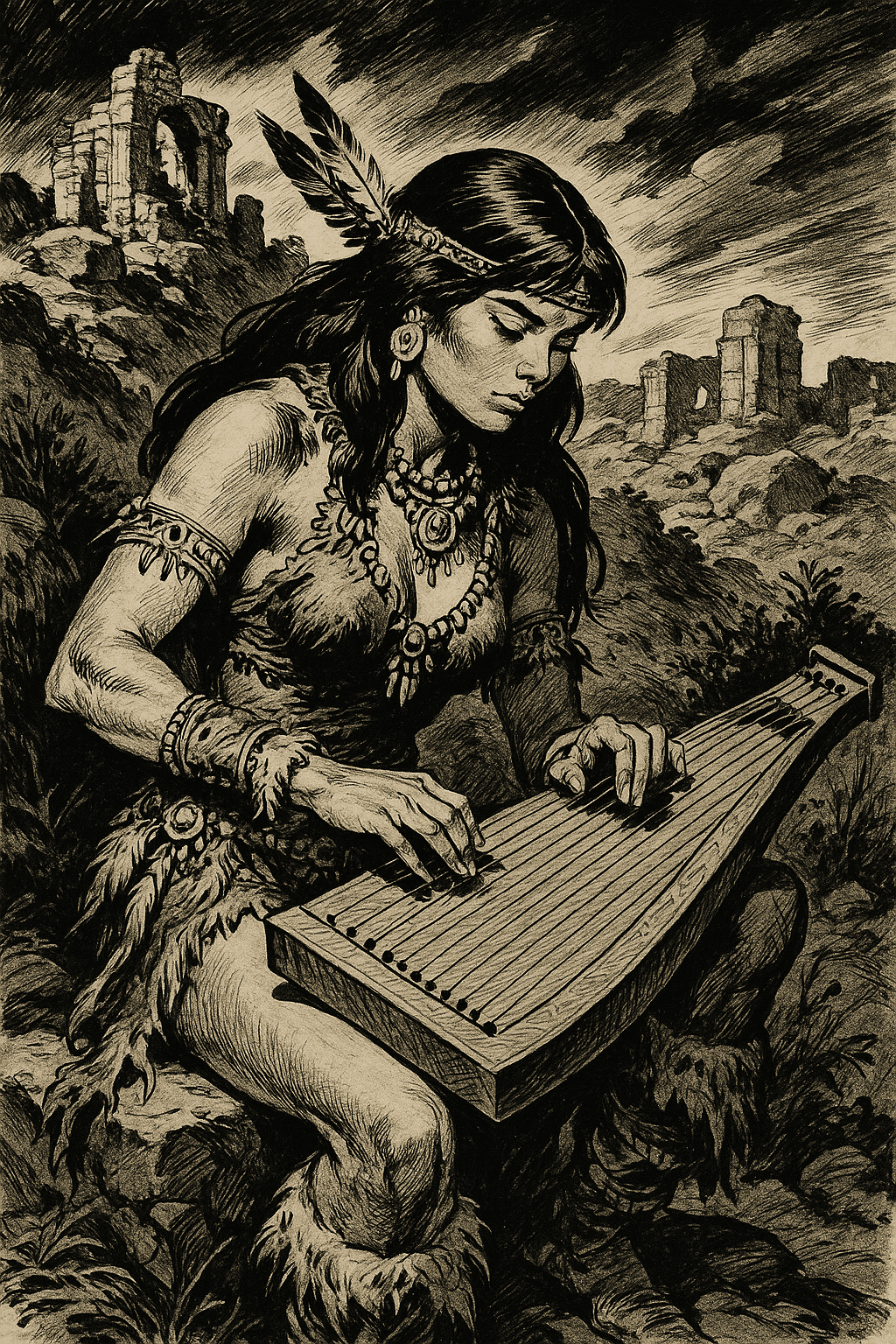 AI generated: An illustration in the style of John Buscema, inked by Ernie Chan, depicting a young tribal woman pl...