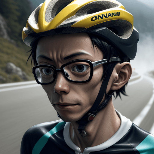 AI generated: Onoda, Yowamushi pedal,cycling,using helmet, on mountain roads, city roads, busy crawling, congested...