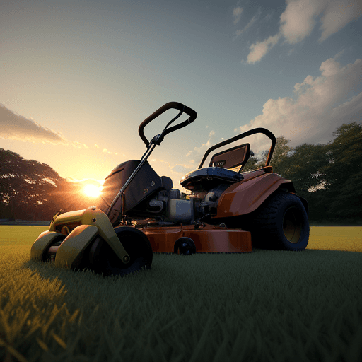 AI generated: Photo of a ultra realistic heavenly lawn, a lawn mower, dramatic light, pale sunrise, cinematic ligh...