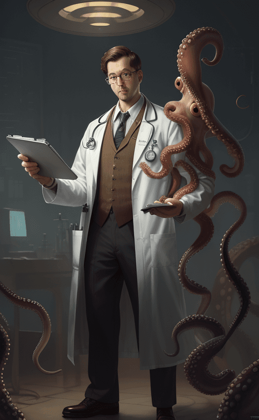 AI generated: an octopus wearing a lab coat lab coat and holding a clipboard clipboard, octopus wearing a doctor's...