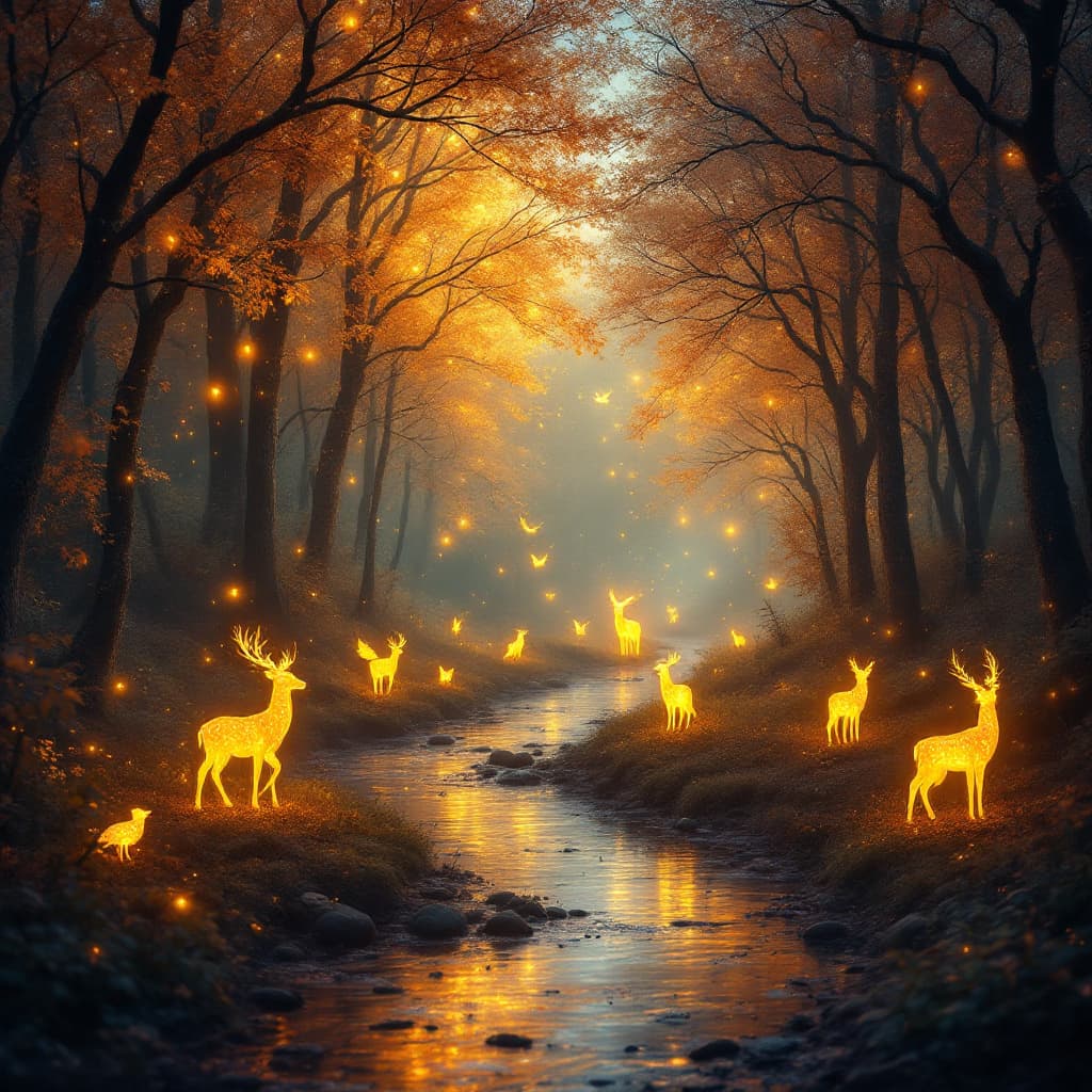 AI generated: A mesmerizing magical scene featuring an incandescent glow: an enchanted forest at dusk, where the t...