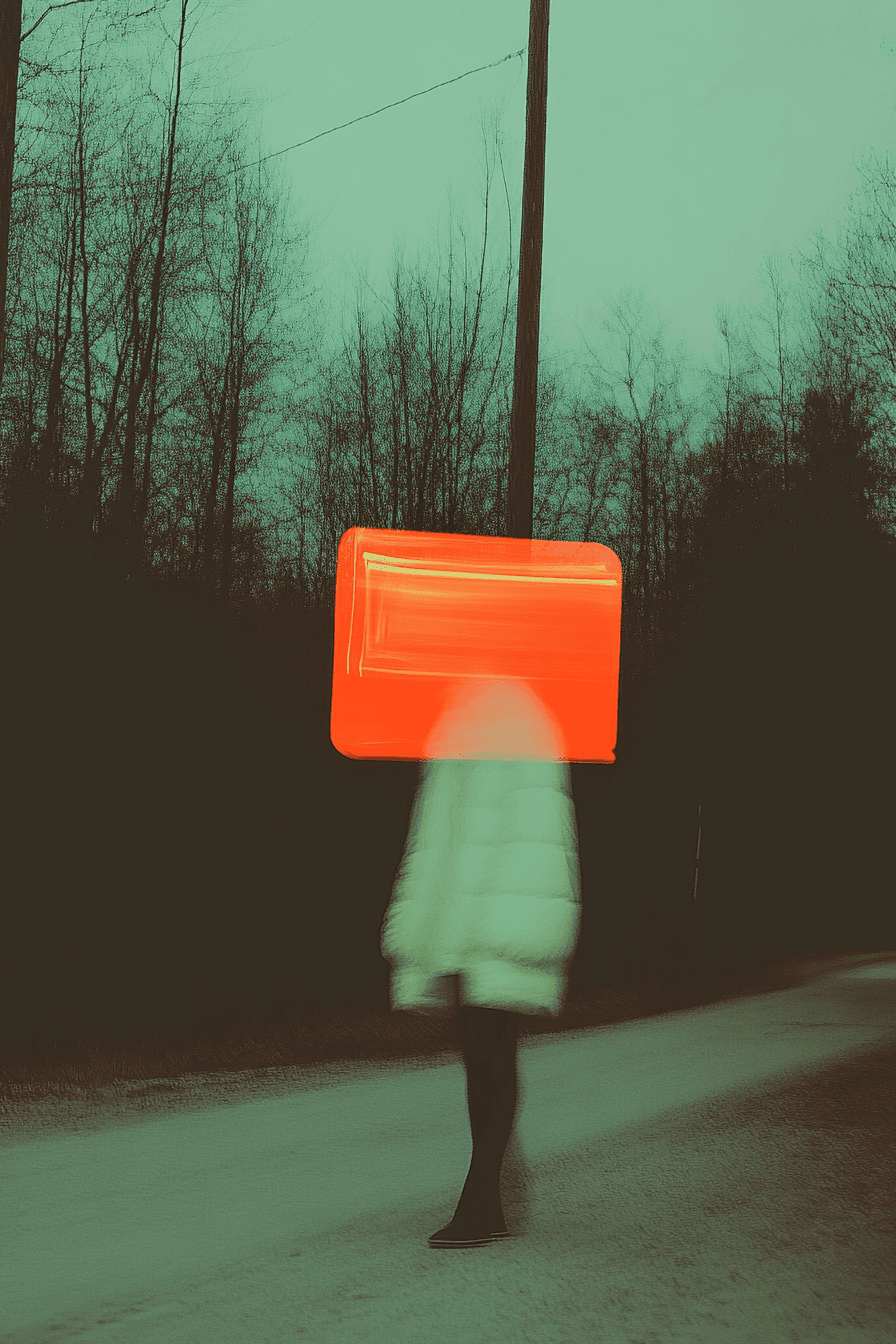 AI generated: blurry image of snowy winter puffer jacket fashion, at night, surreal sky filled of change and wind ...