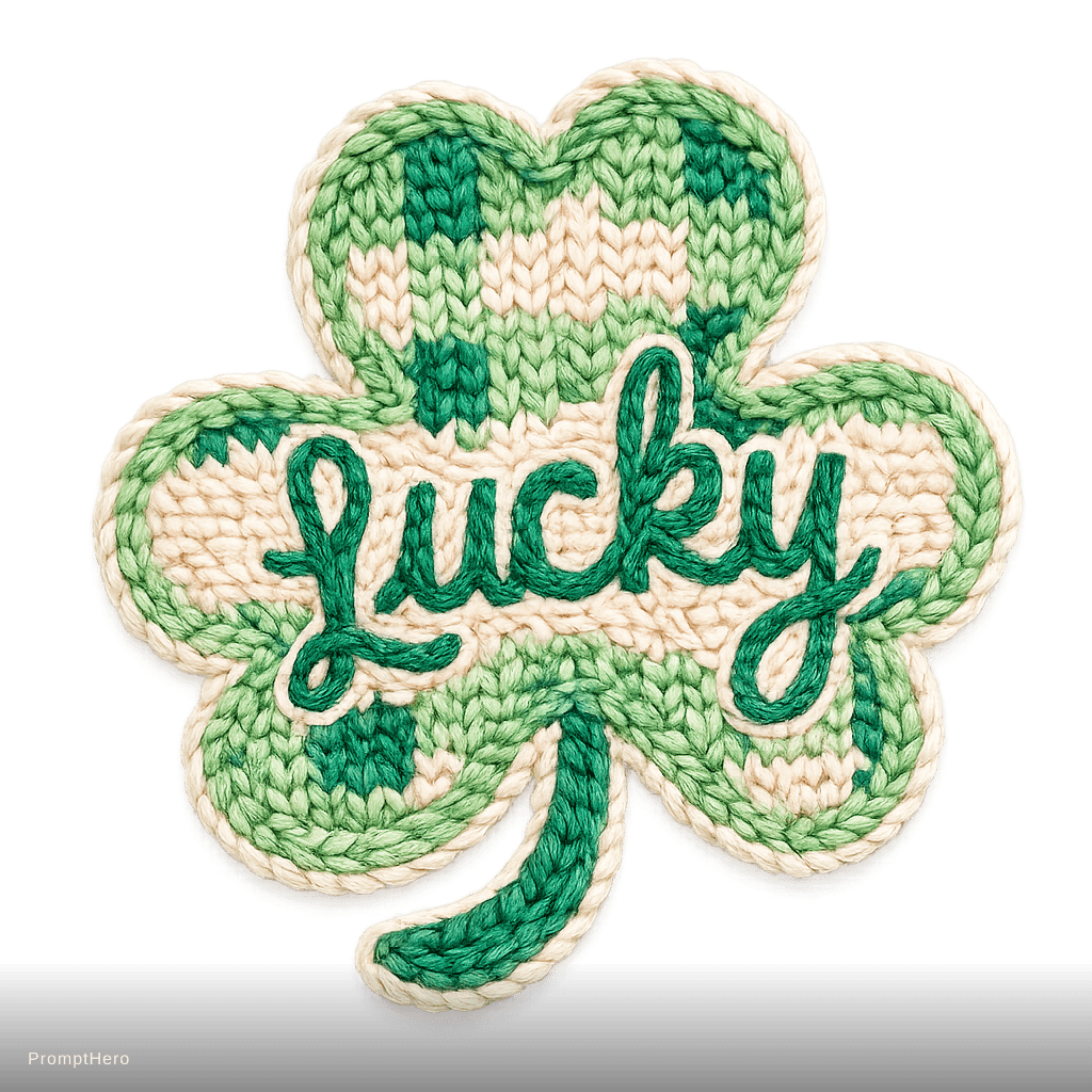 AI generated: handmade crochet four leaf clover patch, embroidered yarn texture, the word "Lucky" stitched across ...