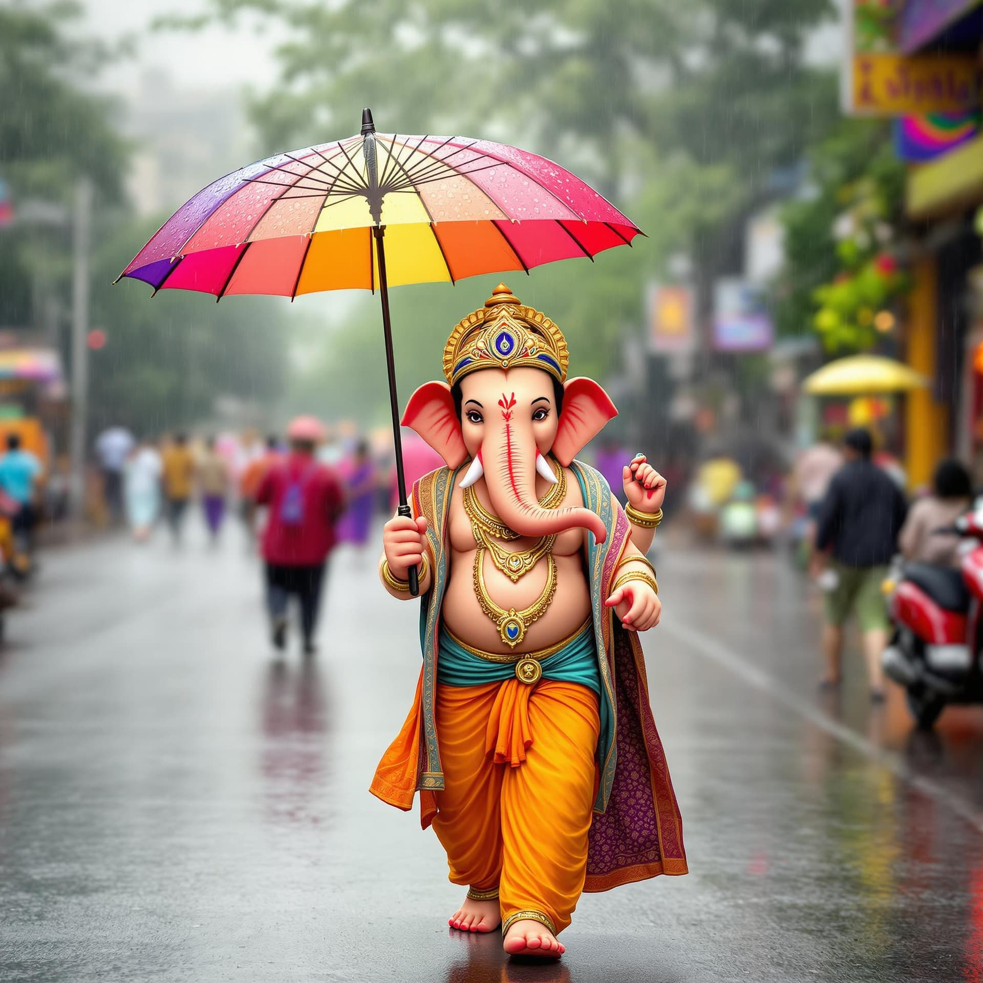 AI generated:  Ganesh Ji, the revered Hindu deity, strolling down a bustling road. He holds a colorful umbrella in...