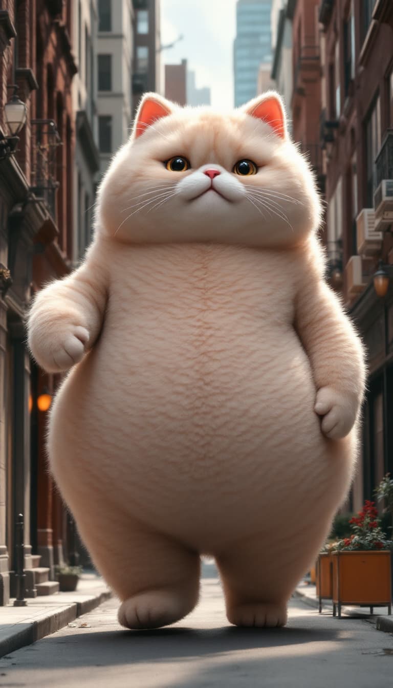 AI generated: a surreal photo of a really gigantic cute cat plushie walking though the narrow streets in New York ...