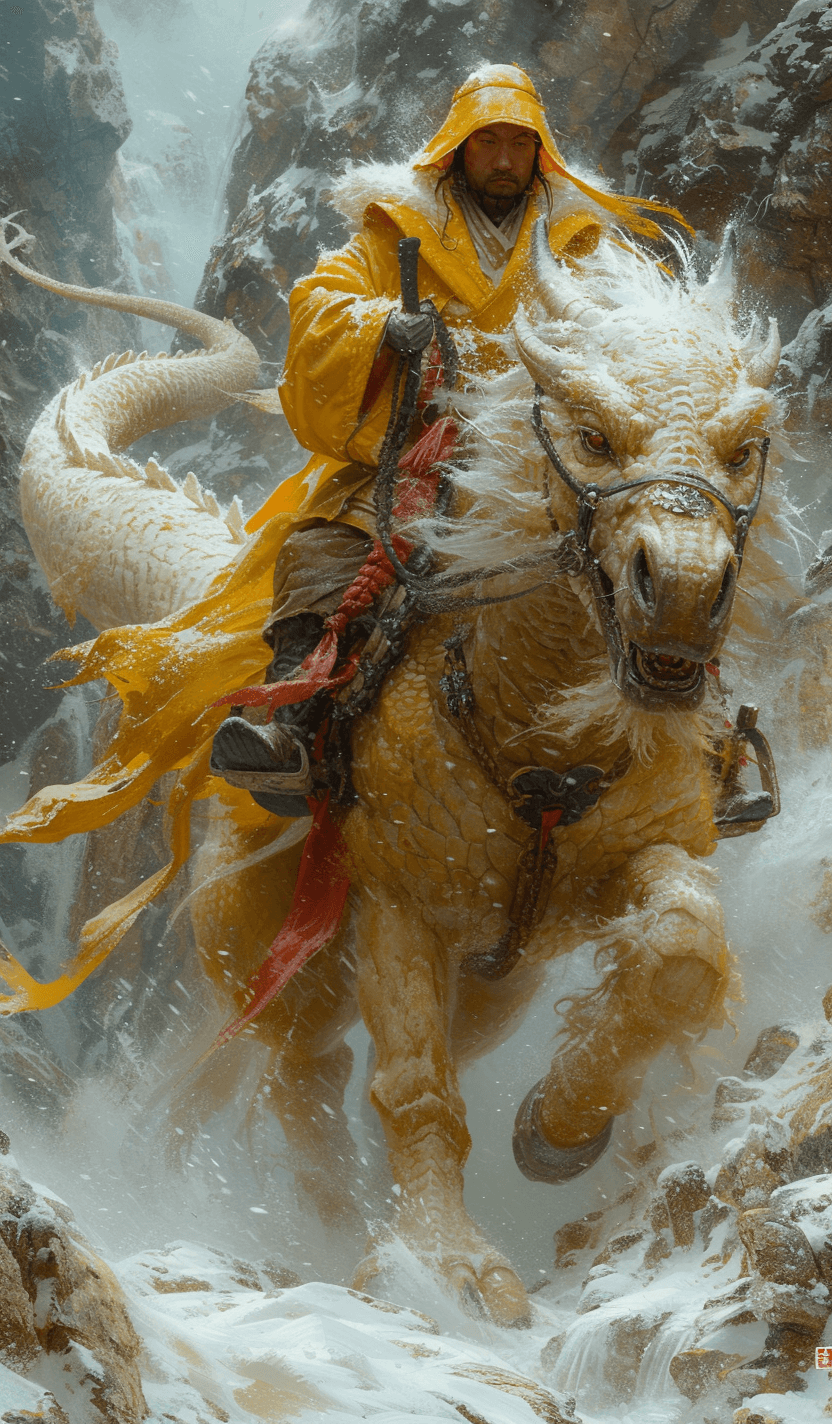 AI generated: horse rider, in the style of cinematic montages, dragon art, franciszek starowieyski, yellow and whi...