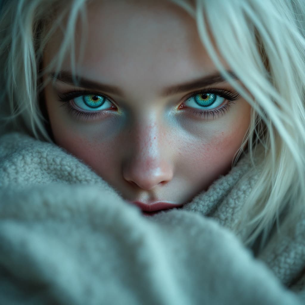 AI generated: Close-up portrait, young androgynous person, pale skin, vibrant teal eyes, platinum blonde hair, hid...