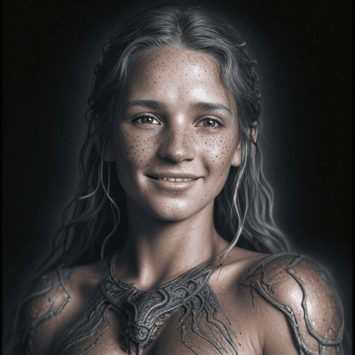 AI generated: drawing by Luis Royo, dark low lit head and shoulders shot of a beautiful New Zealander woman smilin...