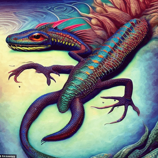 AI generated: a surreal, intricate, salamander and dragon mixture creature, triadic colours, scales from bottom to...