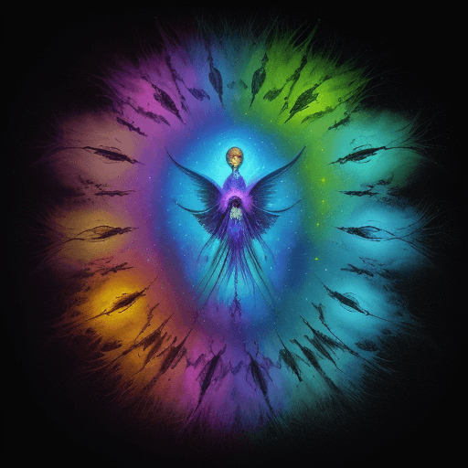 AI generated: pintura psicodélica, galáxia, cogumelos mágicos,  rios coloridos, seres extraterrestres, muita luz e...