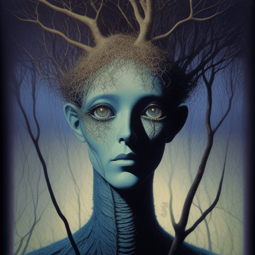 AI generated: eyes on top of twigs and roots in the sky, in the style of tony oursler, finely textured brushwork, ...