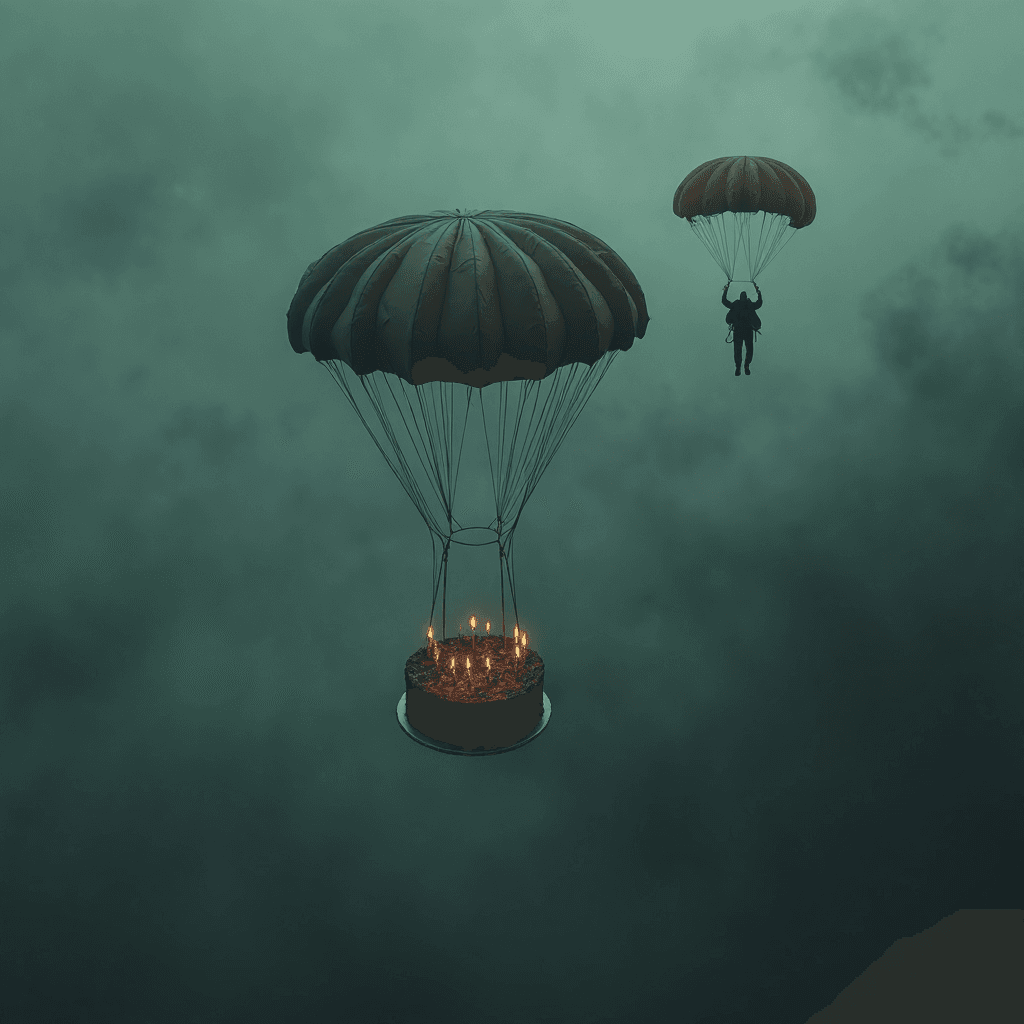 AI generated: A small birthday cake dangles from its own parachute, drifting through a sea of dark clouds, the fli...