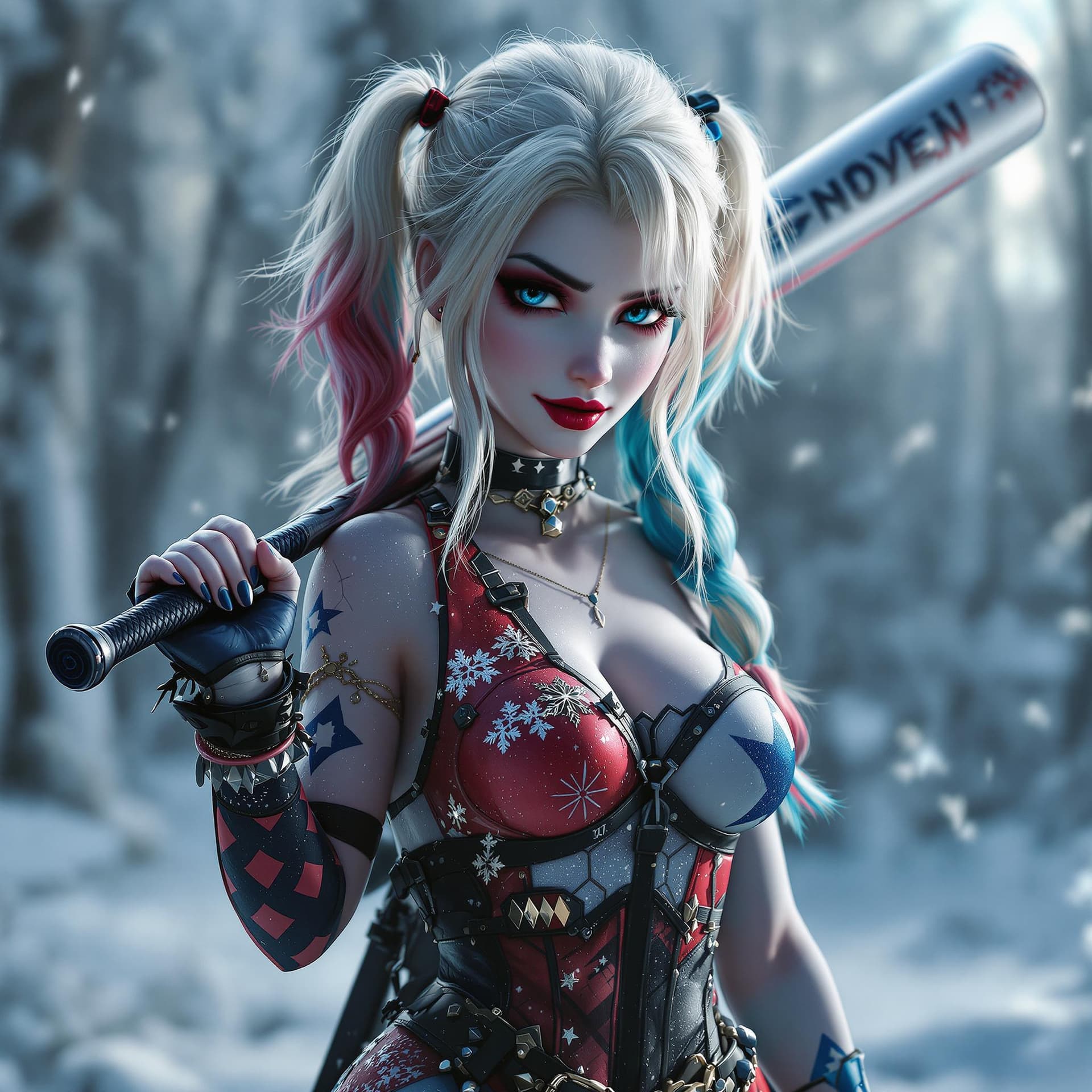AI generated: A cross between Harley Quinn and Elsa from Frozen, Standing and posing with a baseball bat, The back...