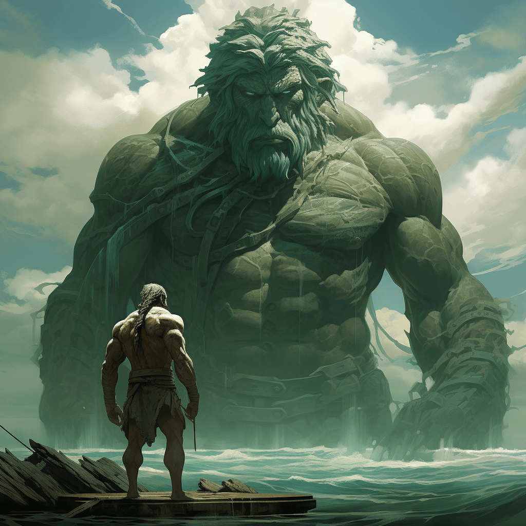 AI generated: giant mythological gods in beautiful fantasy landscape, Eugène Boudin, artem rhads chebokha, John Co...