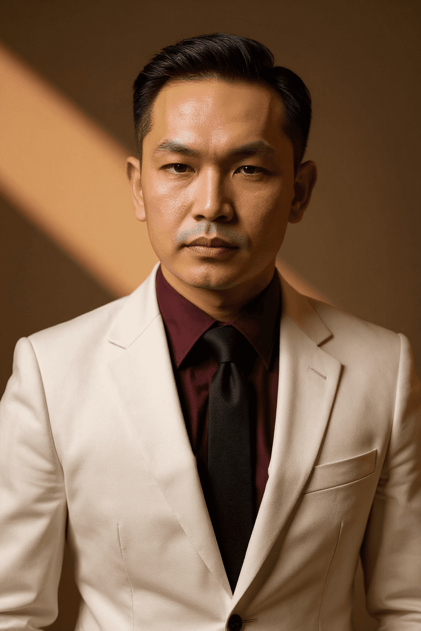 AI generated: photograph, the men, wearing a modern business white suit with burgundy color shirt, upper body, dep...