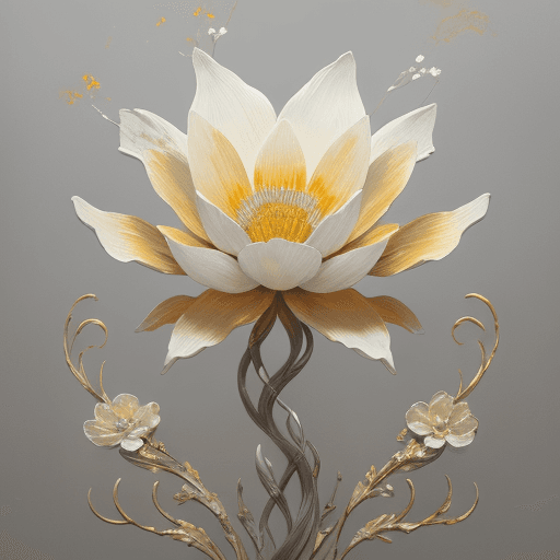 AI generated:  white and gold flower painting on a gray background, in the style of graceful sculptures, loose pai...