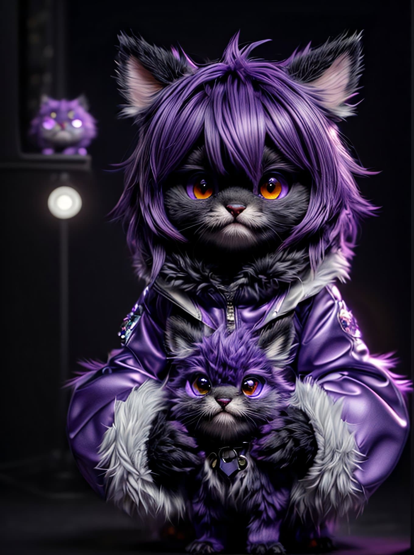 AI generated: pltn style, A cute, small, purple, furry monster with yellow eyes. 3D image, Unreal Engine 3D render...
