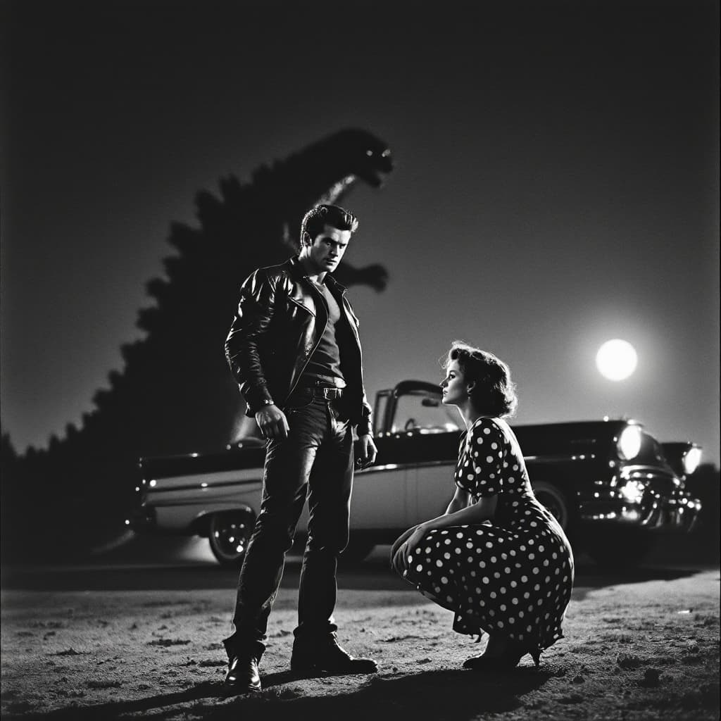 AI generated: "Depict a dramatic black-and-white 1950s action movie scene, photographed in the style of vintage fi...