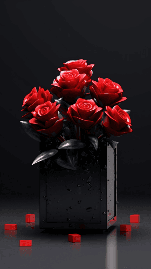 AI generated: Diabolic matte black velvet box with vibrant red roses and bold black vector HD on shiny silver back...