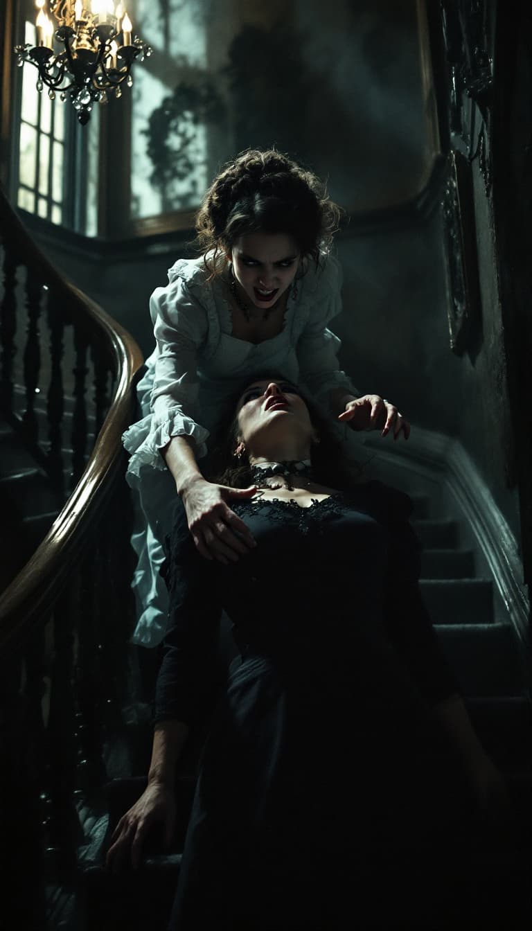 AI generated: A dramatic moment frozen in time: a young Victorian maid, her face twisted in a mix of rage and desp...
